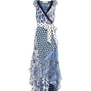 Diane Von Furstenberg Ava Silk Chiffon Multi Color Mix Print Wrap Midi Dress XS